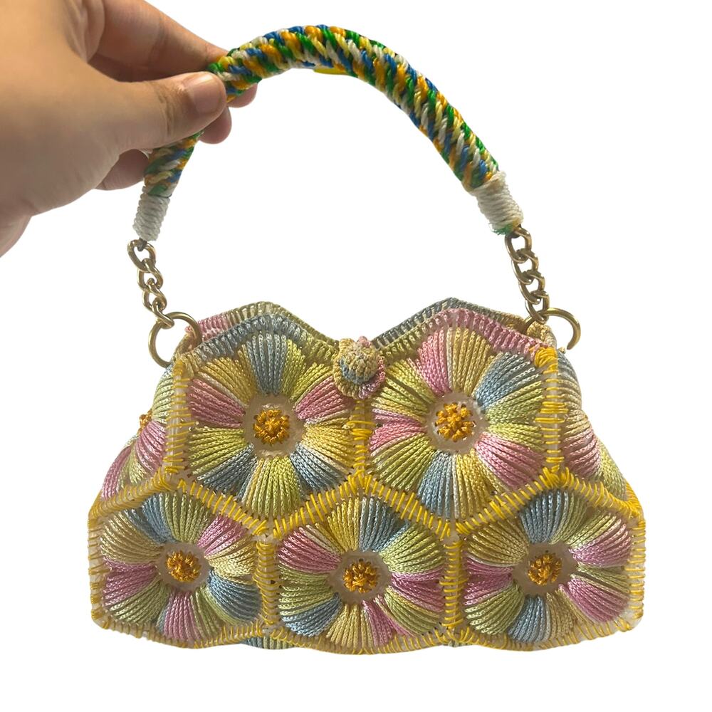 70s Handmade Flower Coil Purse Pastel Boho Fairycore Y2K Craft Bag Vintage